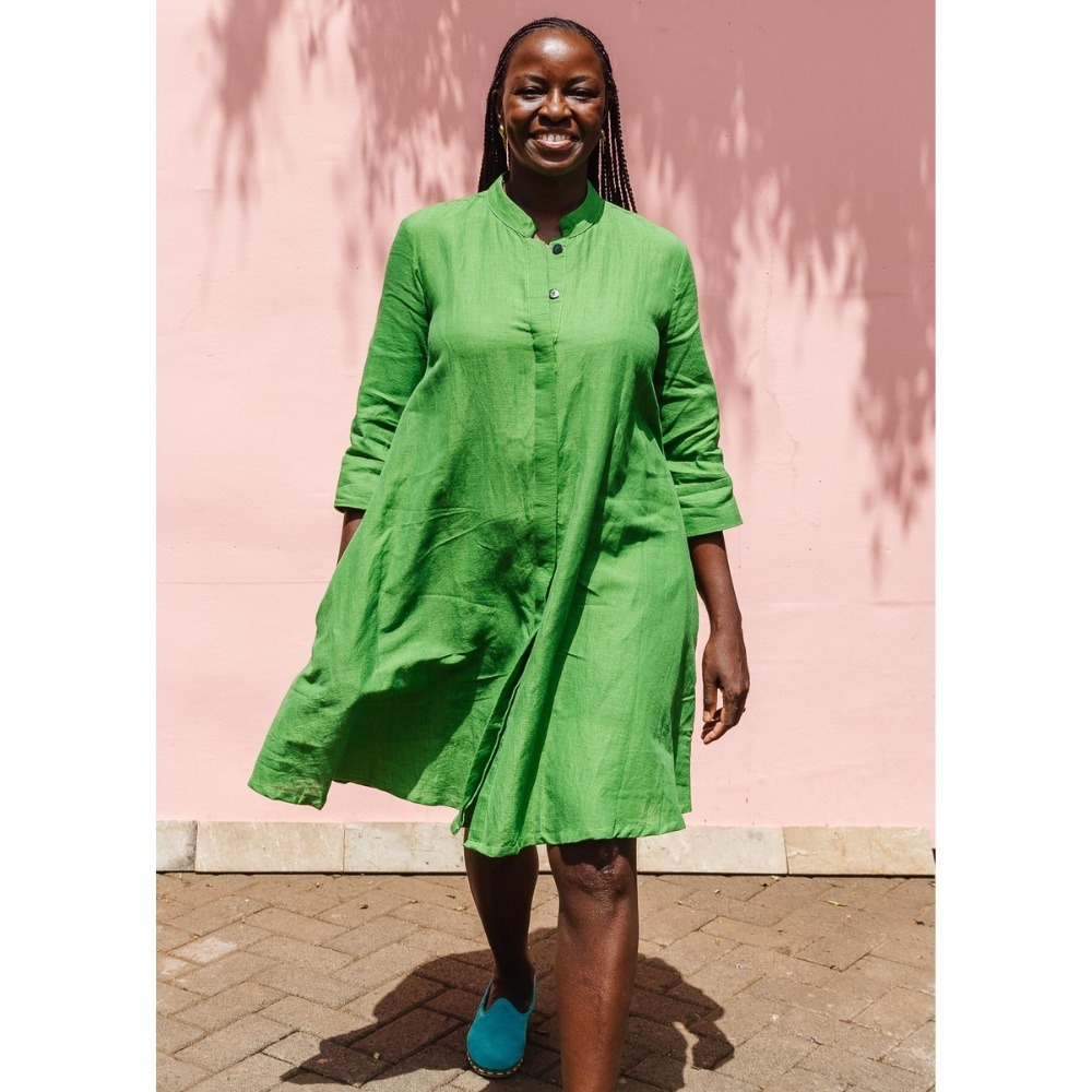 Zuri Kenya Lichen Dress 2X Long Green Linen Cotton Shirtdress 3/4 Sleeve